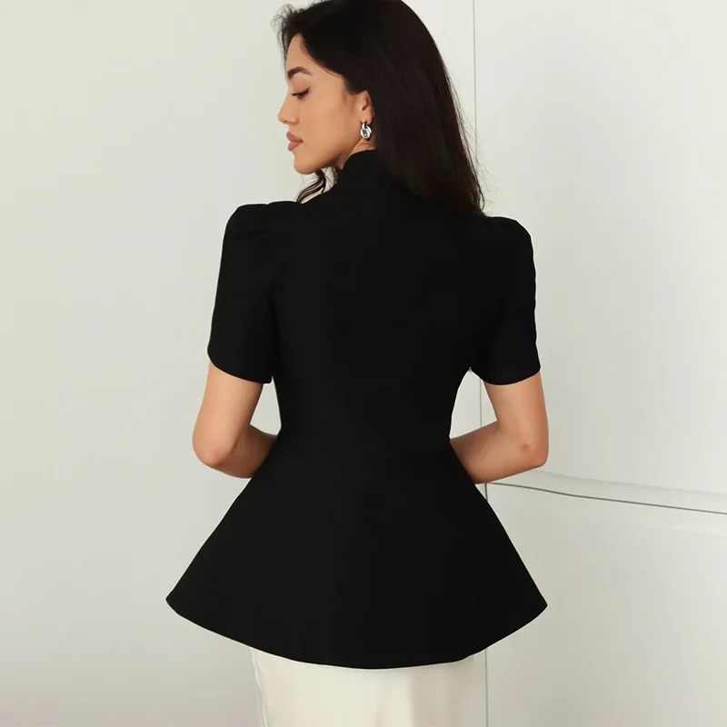 Women's 2025 Autumn New Fashion Fashion Blazer Jacket Stand Collar Button Front Solid Color Slim Fit Short Sleeve Waist Design