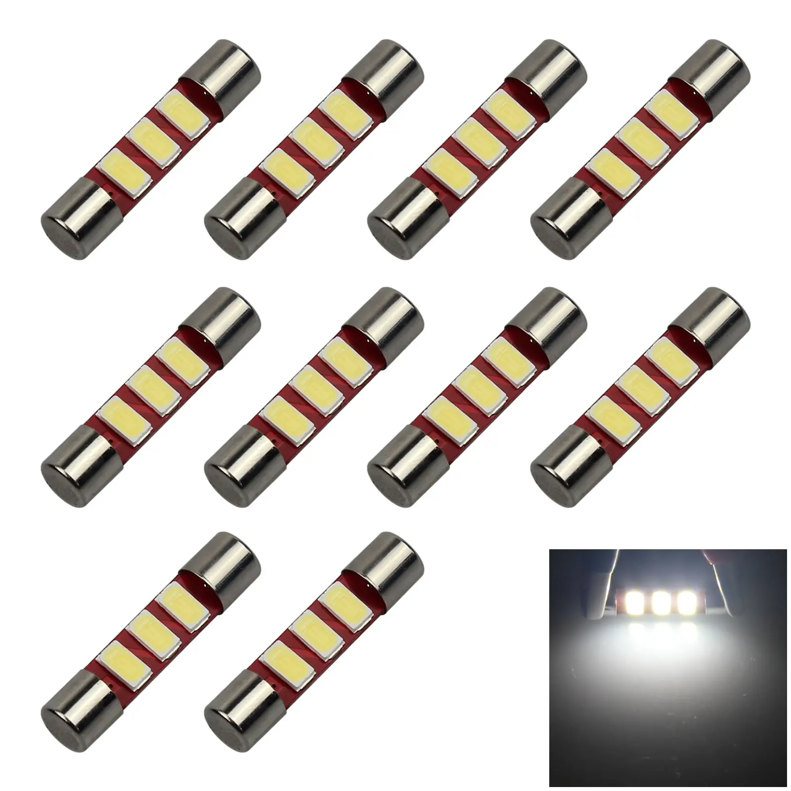 10x White RV T6.3 Fuse Blub SunVisor Lamp 28MM No-polar 3 Samsung 5630 LED 6614 TS-14V1CP Z2934