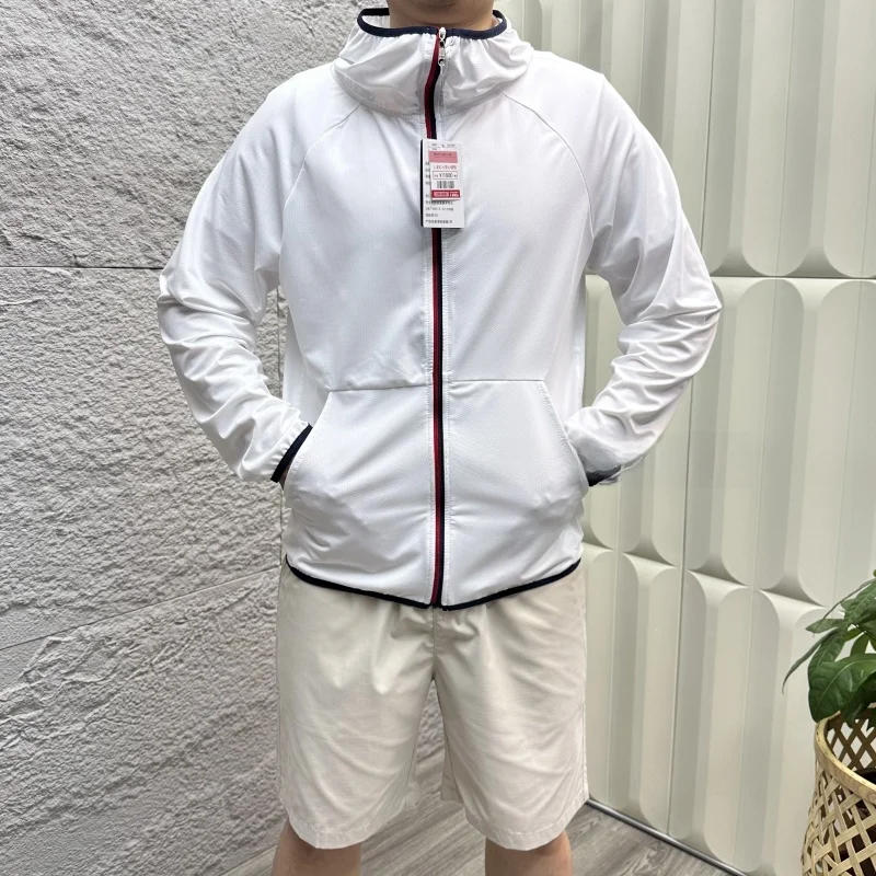 

Легкая дышащая мужская летняя повседневная куртка с капюшоном для защиты от солнца, приталенный крой, длинный рукав, на молнии