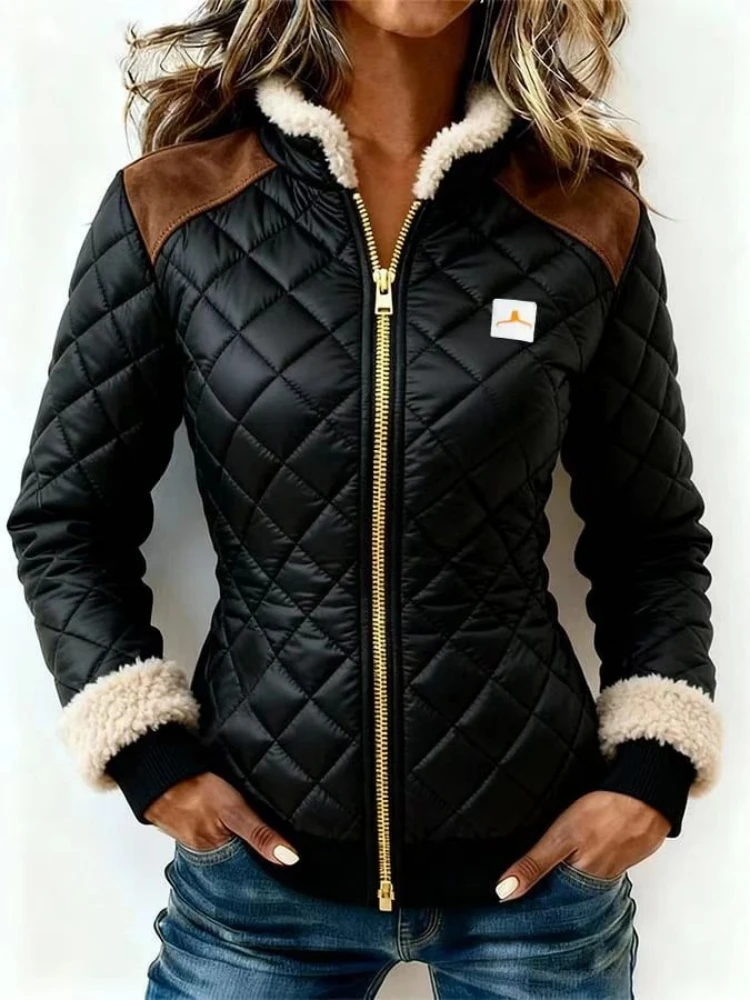 Elegant Women Sherpa Fleece Trim Quilted Coat Suede Shoulder Patch Zipper Slim Long Sleeve Warm Winter Casual Outdoor Jacket