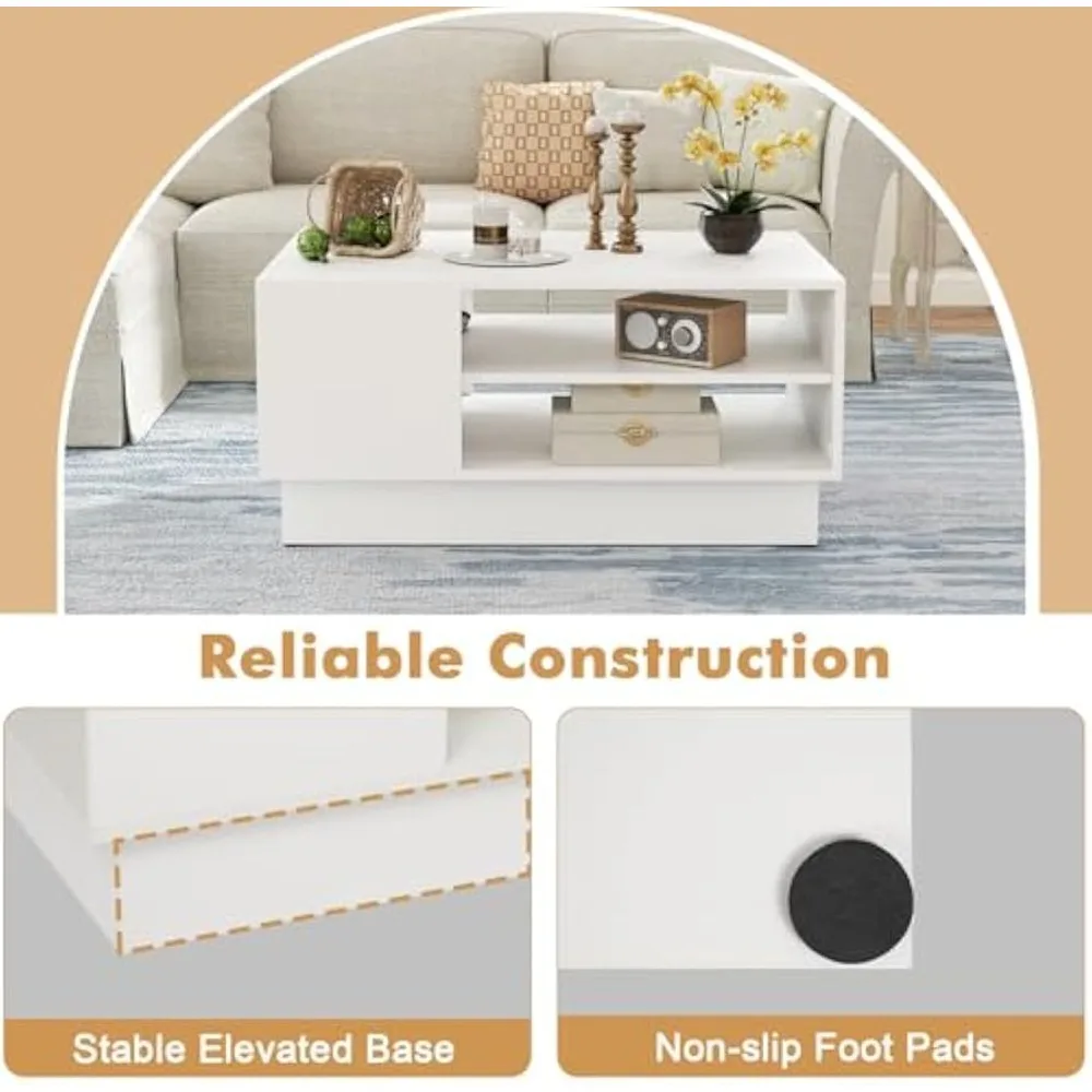 Mesa de centro rectangular de 2 niveles con base elevada y diseño geométrico moderno