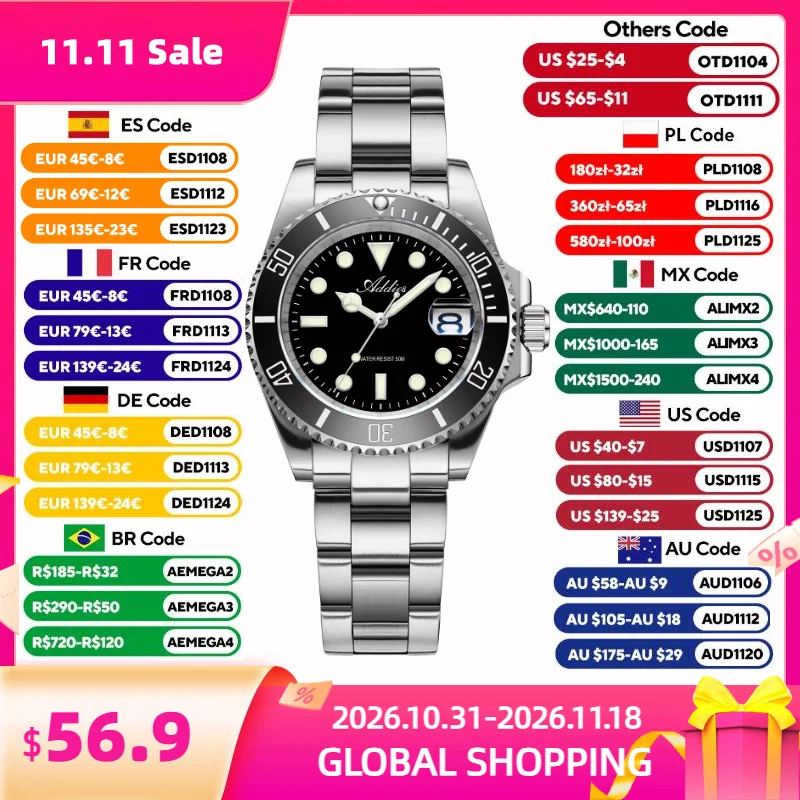 ADDIES 36mm Couple Watches Japan GM12 Steel Business Couple Quartz Watch Lover Gift BGW9/C3 Super Luminous 50m Waterproof Sport