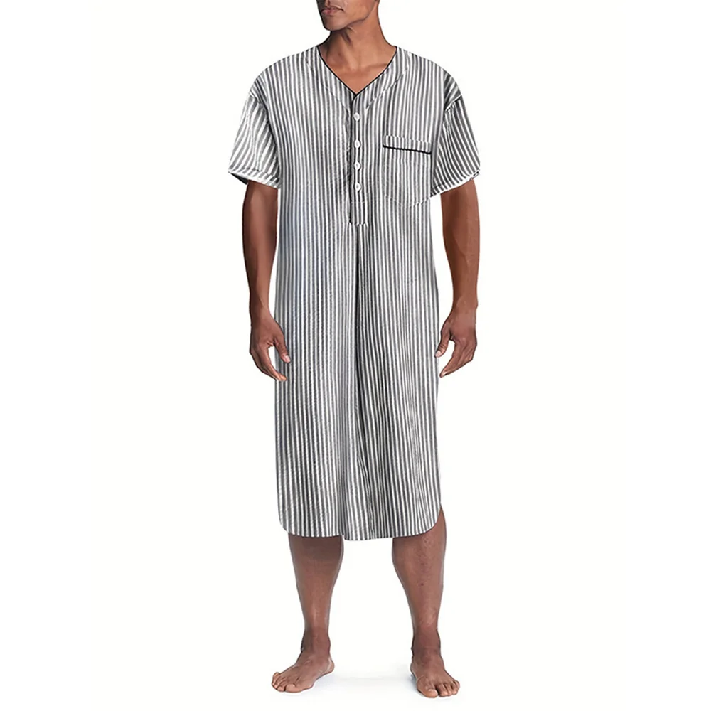 

Mens Muslim Robe Striped V-Neck Casual Nightgown Ethnic Style Middle East Arab Islam Breathable Robe Men'S Clothing 2024 Summer