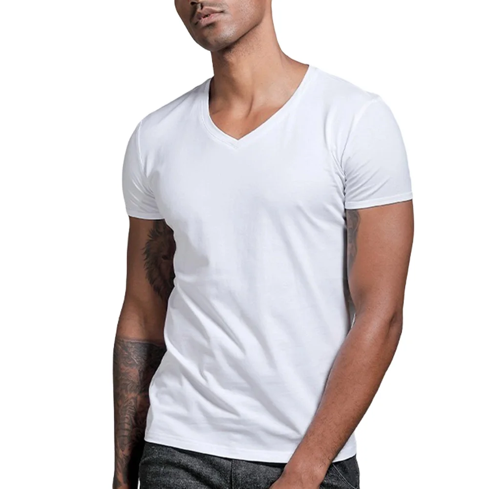 Men Solid Color V Neck Tight T Shirt Short Sleeve Base Layer Top Summer Casual Plus Size Clothing For Daily Wear