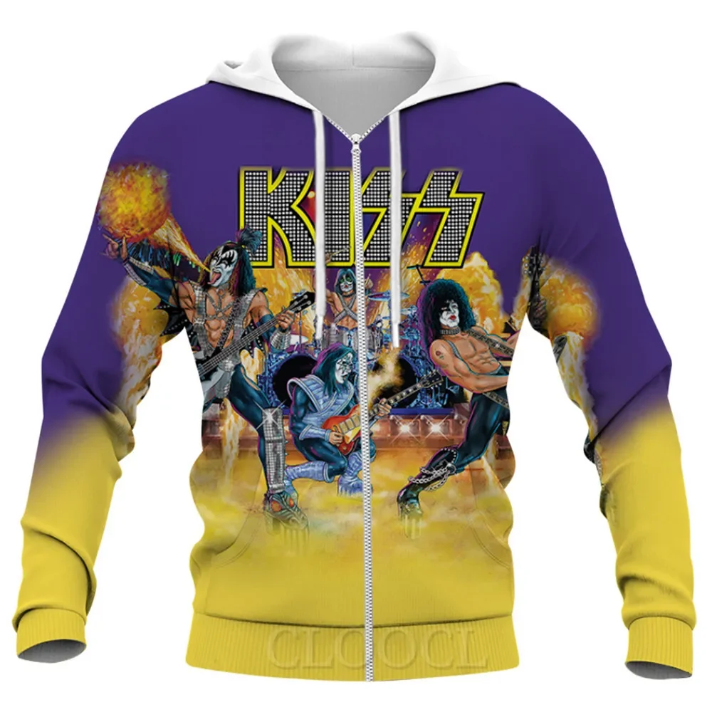 

HX Kiss Zip Hoodies 3D Graphics Rock Metal Band Concert Print Pullovers Tops Hip Hop Streetwear Harajuku Men Clothing