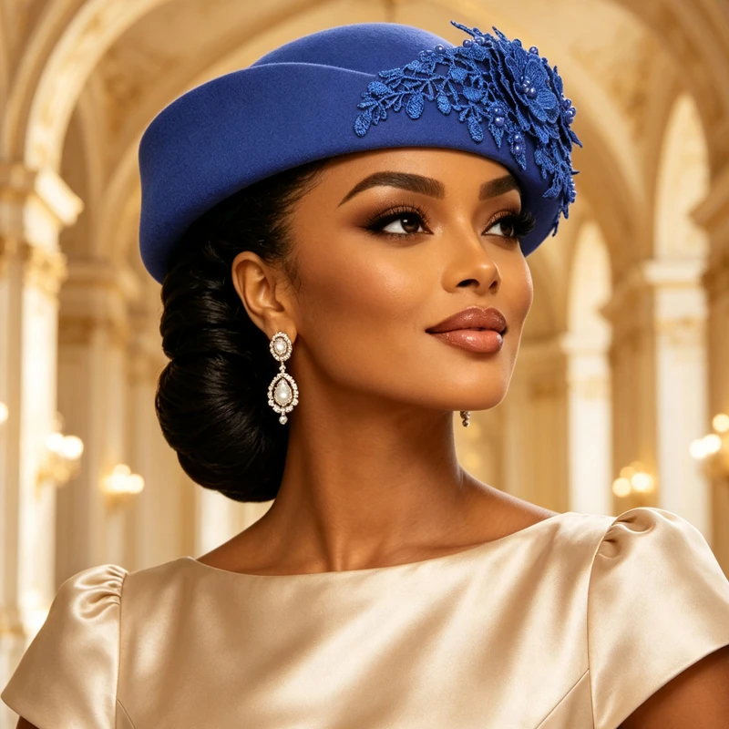 Delicate Lace Pearl Floral Felt Hat Vintage British Women Church Beret Cap For Wedding Formal Party Headwear African Gele Bonnet