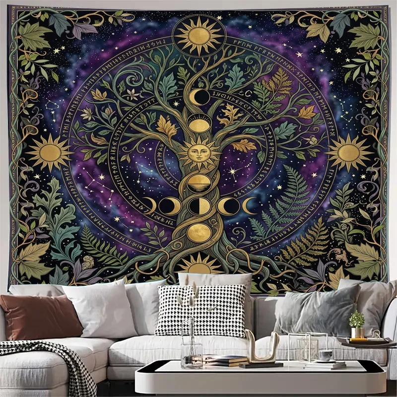 Bohemian Boho Celestial Astrology Curtain Tapestry Drapes Cosmic Tree of Life Zodiac Galaxy Night Window Decor Mystical Bohemian