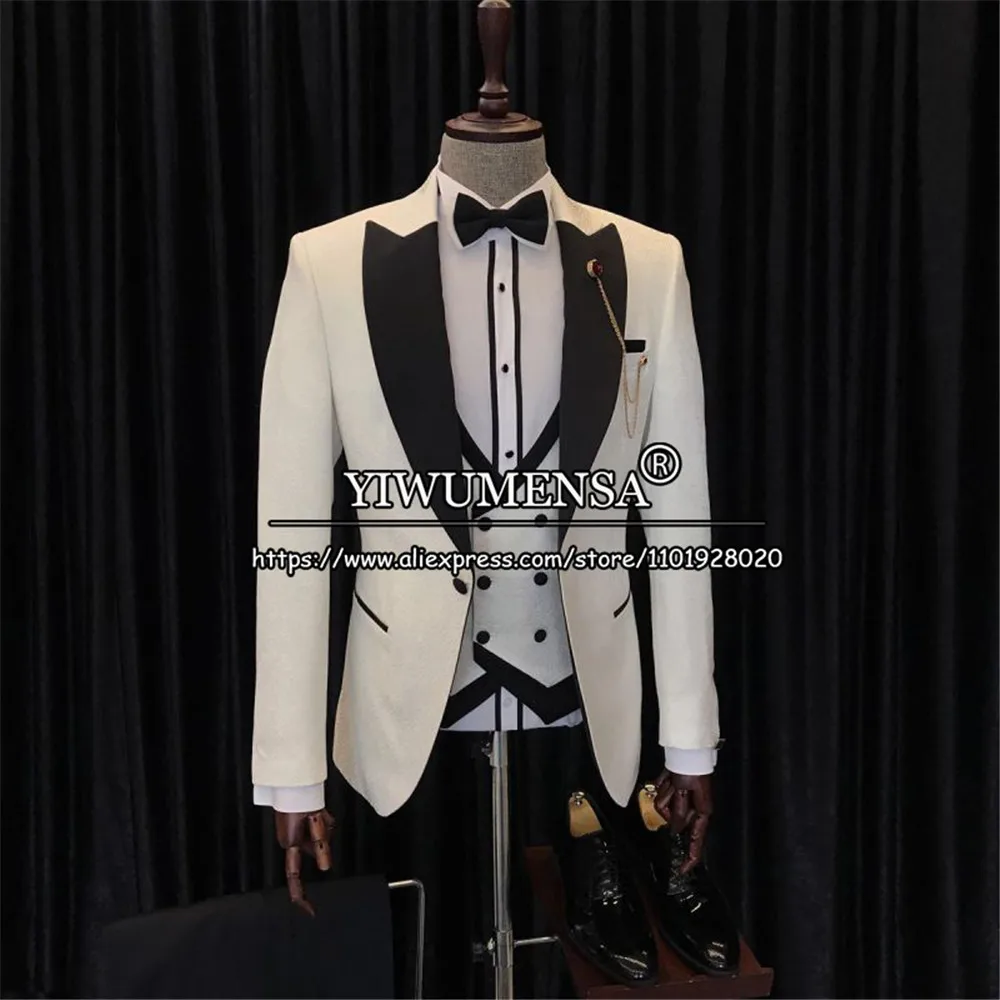 

Formal Wedding Suits Tailor-made Ivory/Black Groom Men Blazer Sets Smoking Business Office Wear Trajes Elegantes Para Hombre