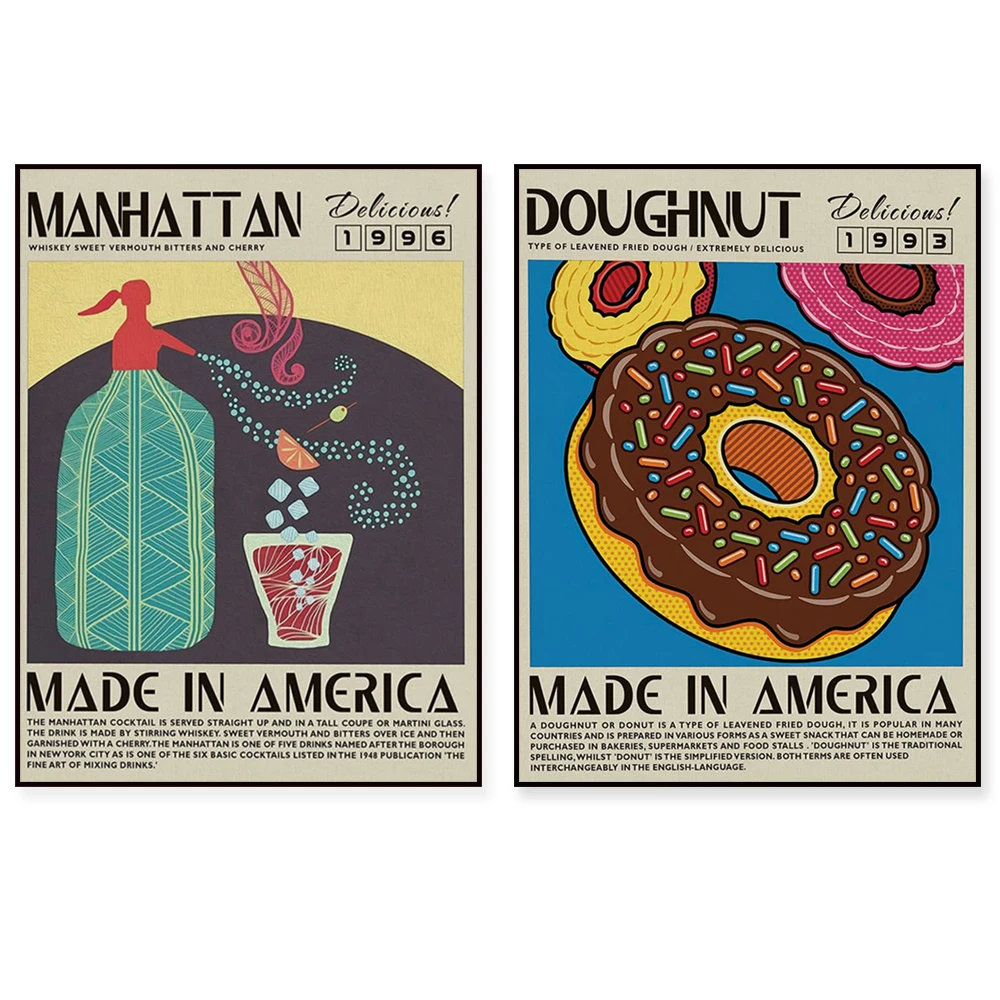 Moscow mule, tacos, Japanese noodle soup, donuts, burgers, bibimbap, pizza, croissant, sushi, gourmet dessert kitchen poster