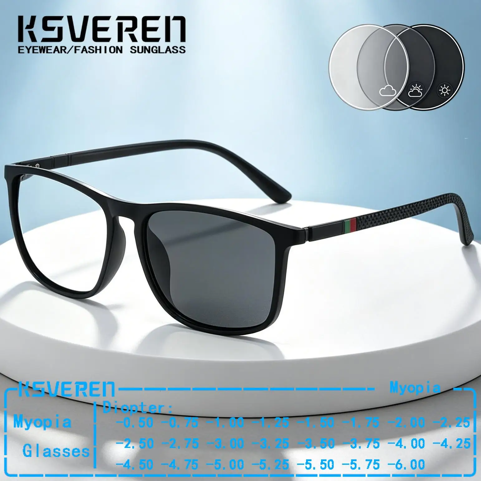 

-0.5 To -6.0 Square Photochromic Myopia Glasses Men Prescription Optical Eyewear Outdoor Discolor Driving Nearsighted Eyeglasses