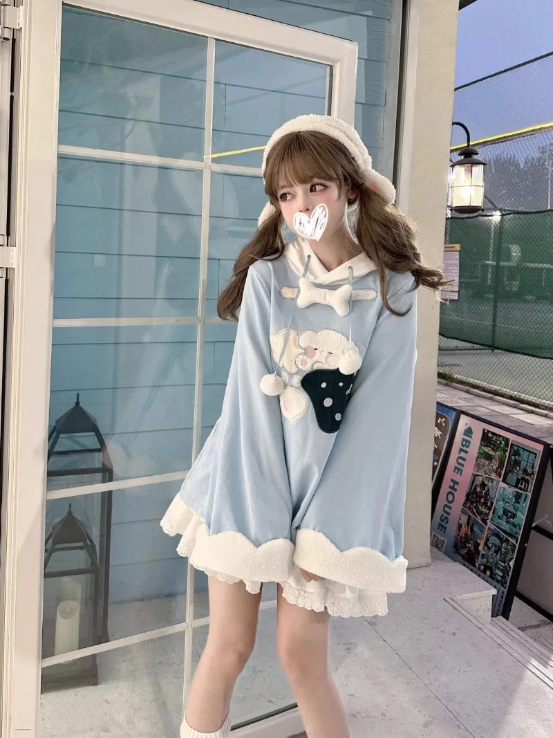 Subculture Y2k Millennial Japanese Two-dimensional Yuan Ears Hooded Embroidered Water Color Sweater Women's Loose Velvet Top