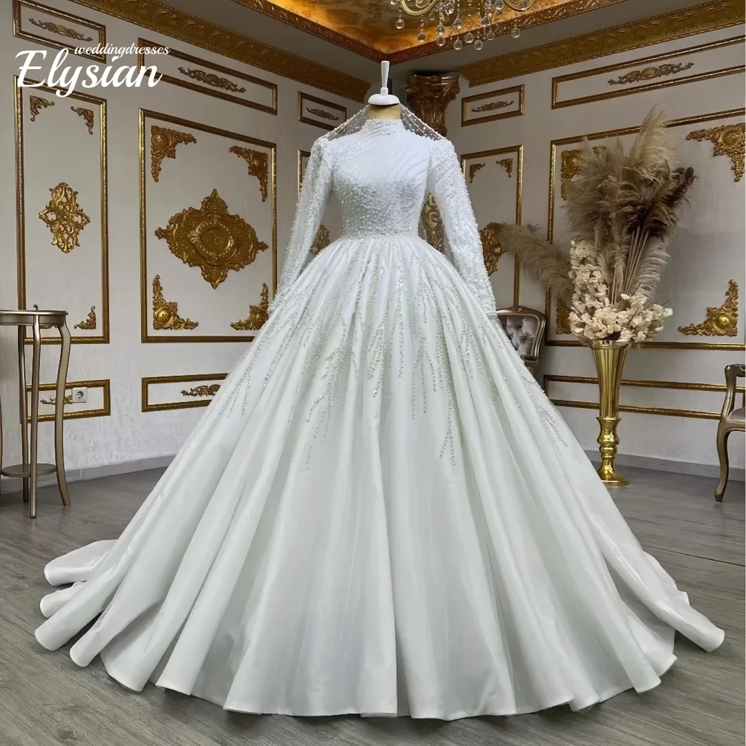 Customized Pearls Long Sleeves High Neck Muslim Wedding Dresses Satin Ball gown Bridal Gown Robe Vestidos De Novia