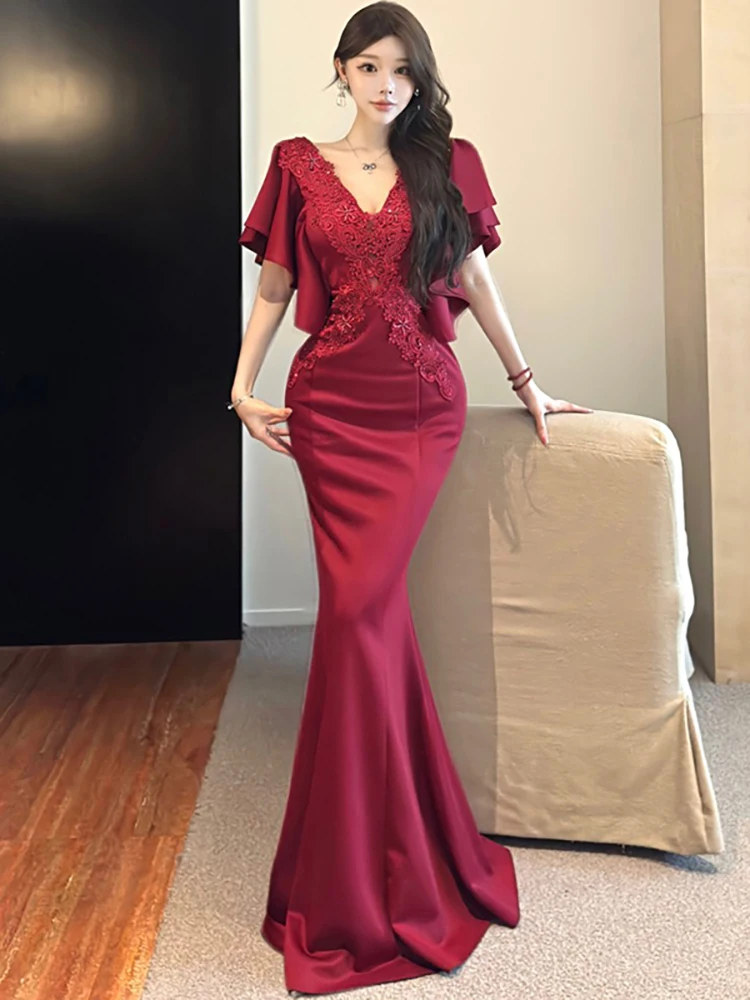 2025 branco cetim retalhos rendas oco para fora com decote em v sexy vestido longo feminino festa de luxo vestido de noite verão coreano vestidos elegantes