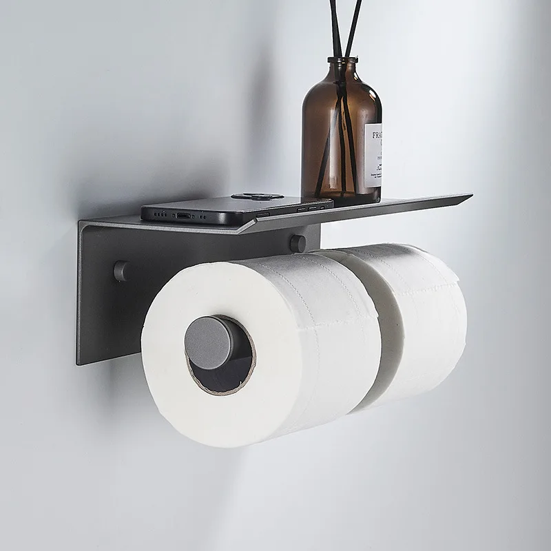 

Gray/Black Aluminum Bathroom Paper Towel Holder Toilet Roll Paper Wall Mount Phone Holder Shelf Towel Roll Shelf Accessories