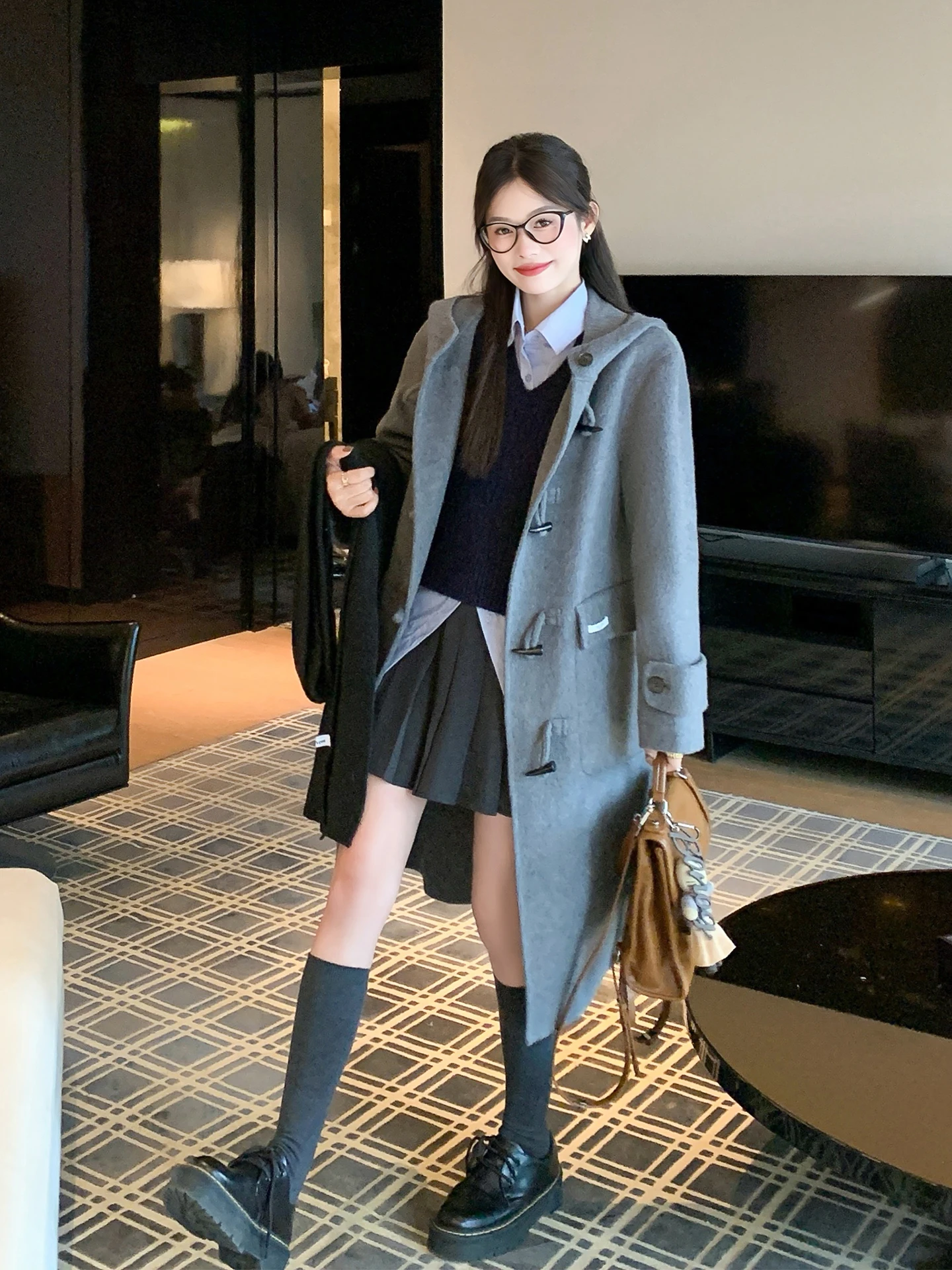 

Zeng Xiaoxian ey шерстяное пальто с капюшоном, женское зимнее теплое твидовое пальто средней длины, корейское свободное длинное пальто