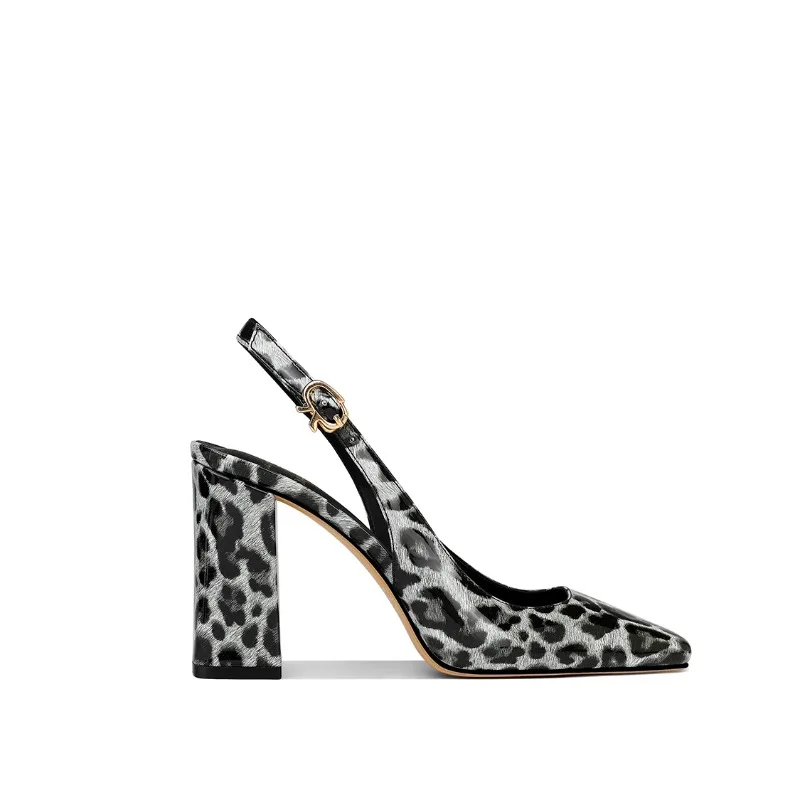 2025 Summer New Brown Patent Leather Leopard Print Chunky Heel Square Toe Women High Heels Fashionable Design