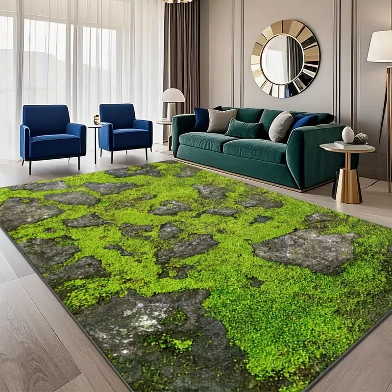 Green Moss‑Stone Pattern Area Rug, Non‑Slip Machine‑Washable for Under‑Bed Indoor Outdoor Home Decor