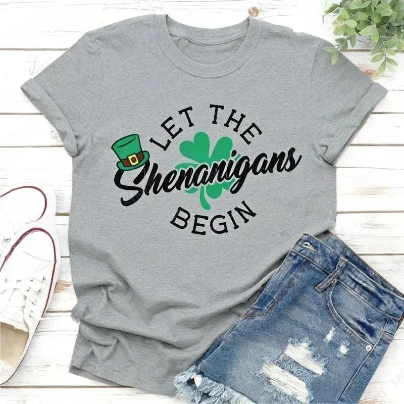 St Patricks Day Shenanigans Unisex Adult Tshirts Funny Shamrock Minimalist O-neck Printed Unisex Tops Summer Clothes for Women