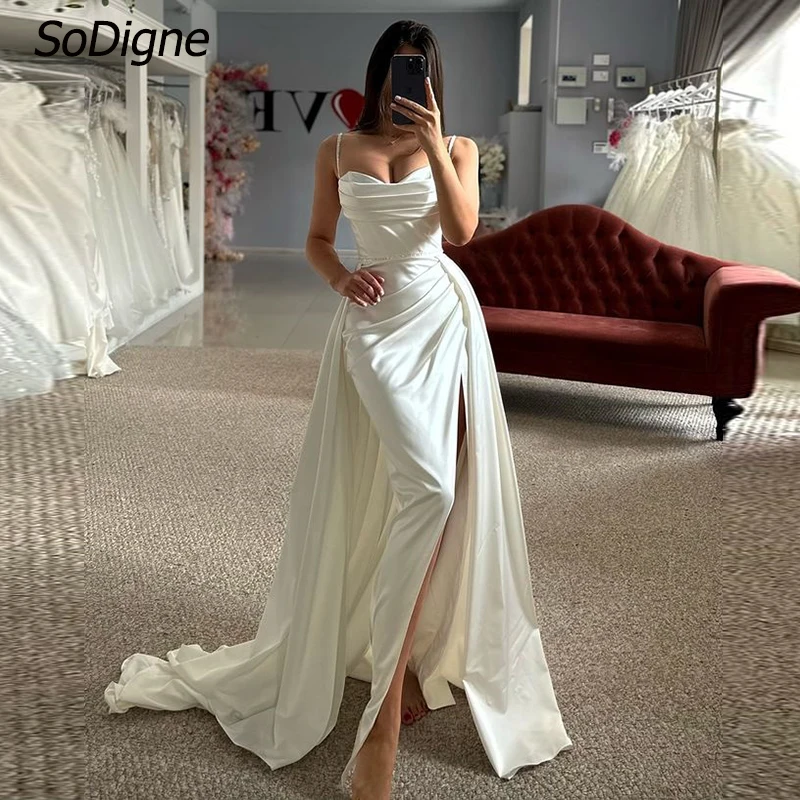 

SoDigne Mermaid Elegant Satin Wedding Dresses Sweetheart Sleeveless Detachable Train Bridal Dress Wedding Gown Robe De Mairee ﻿