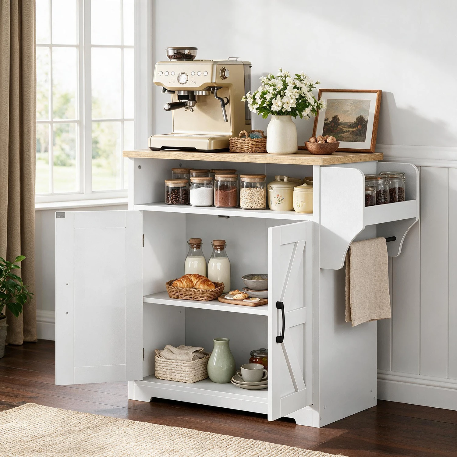 Farmhouse Coffee Bar Cabinet With Floating Mug Shelf Hooks, Kitchen Sideboard Buffet Storage Cabinet With Adjustable Shelf For Living Room