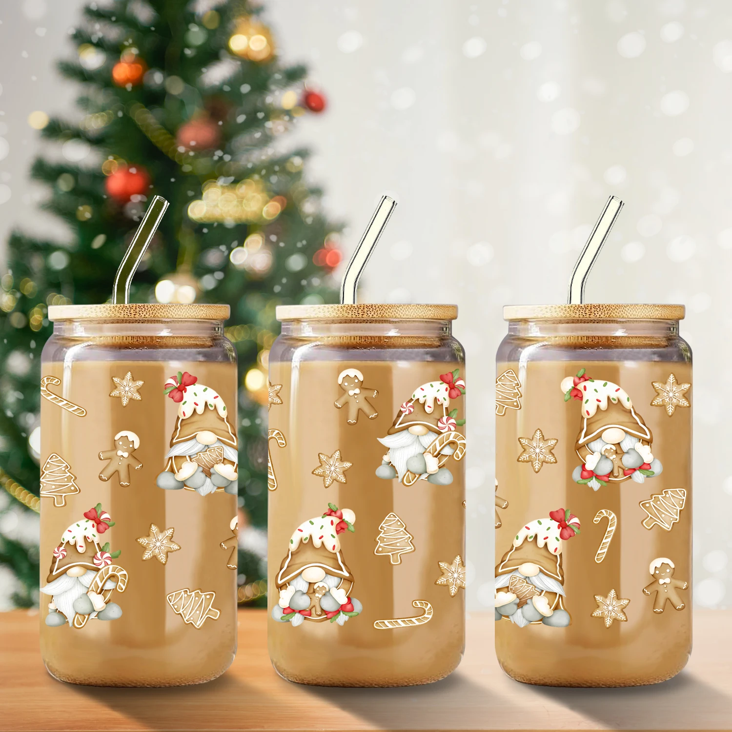 

1 шт., рождественский узор, 3d принт, 16 унций, стеклянная банка, чашка для газировки с крышкой и соломой, рождественская стеклянная чашка для кофе со льдом, рождественский новогодний подарок