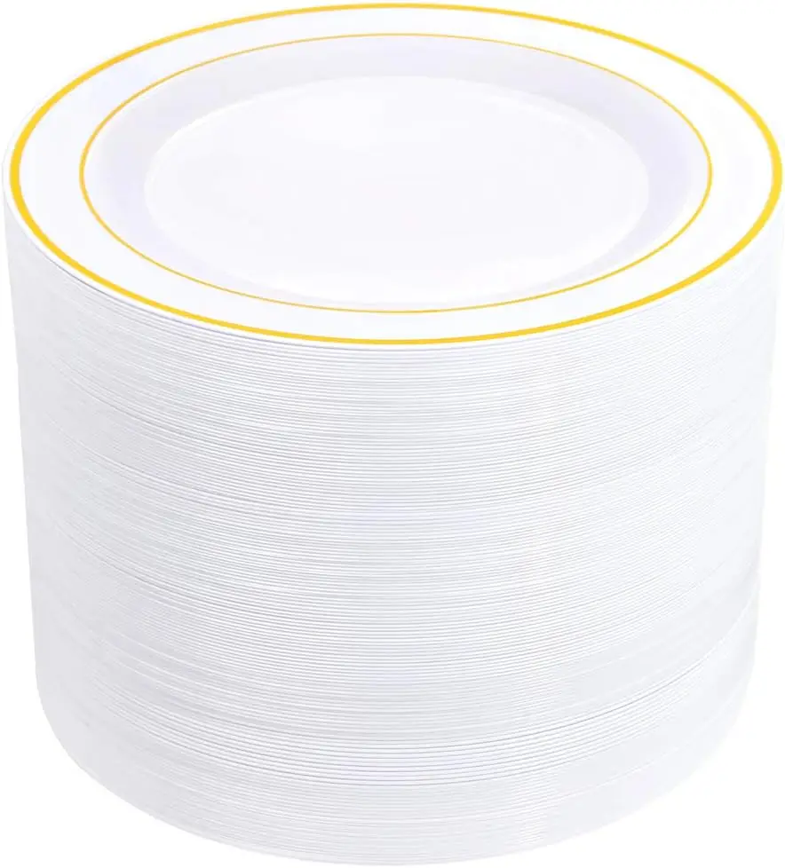 

100-Pack Gold Rim Plastic Dinner Plates - 10.25 Inch Disposable for Parties, Weddings & Daily Use