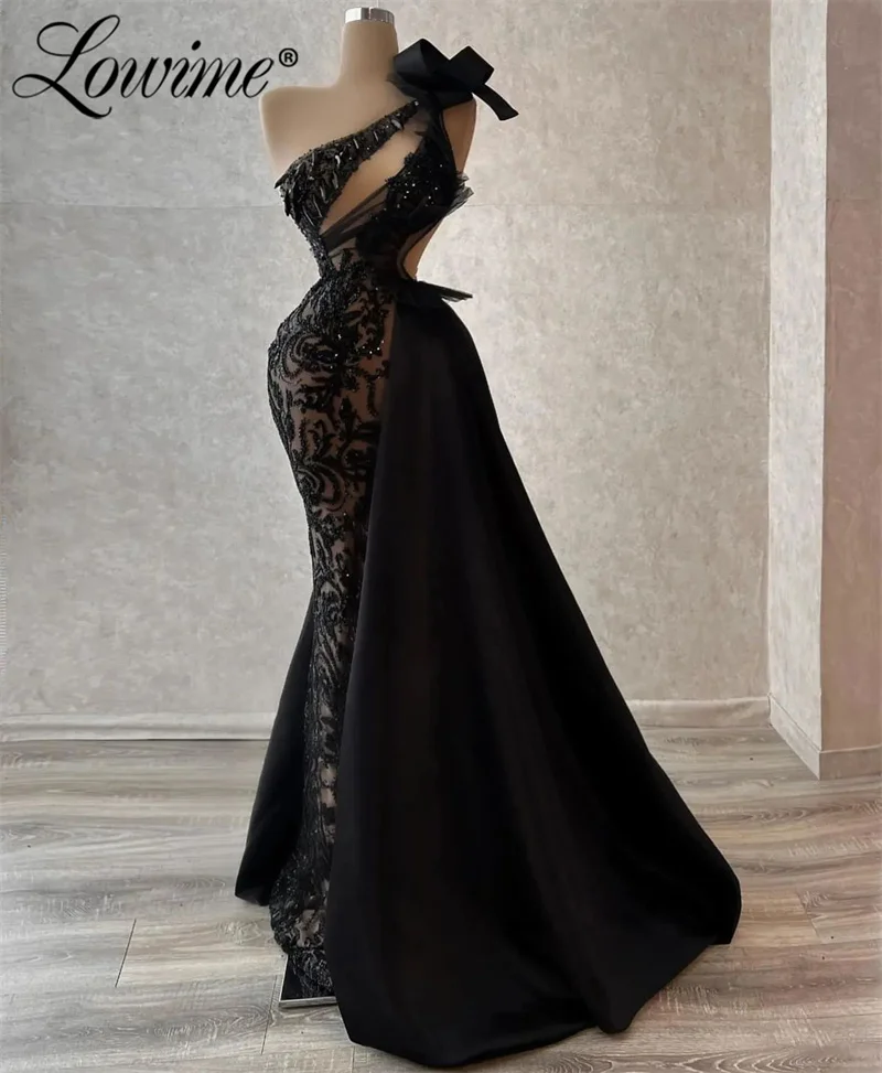 2024 Haute Couture Hot Sexy Black Party Dresses Crystals Beaded Prom Dress With Side Train Mermaid Birthday Evening Gowns Robes