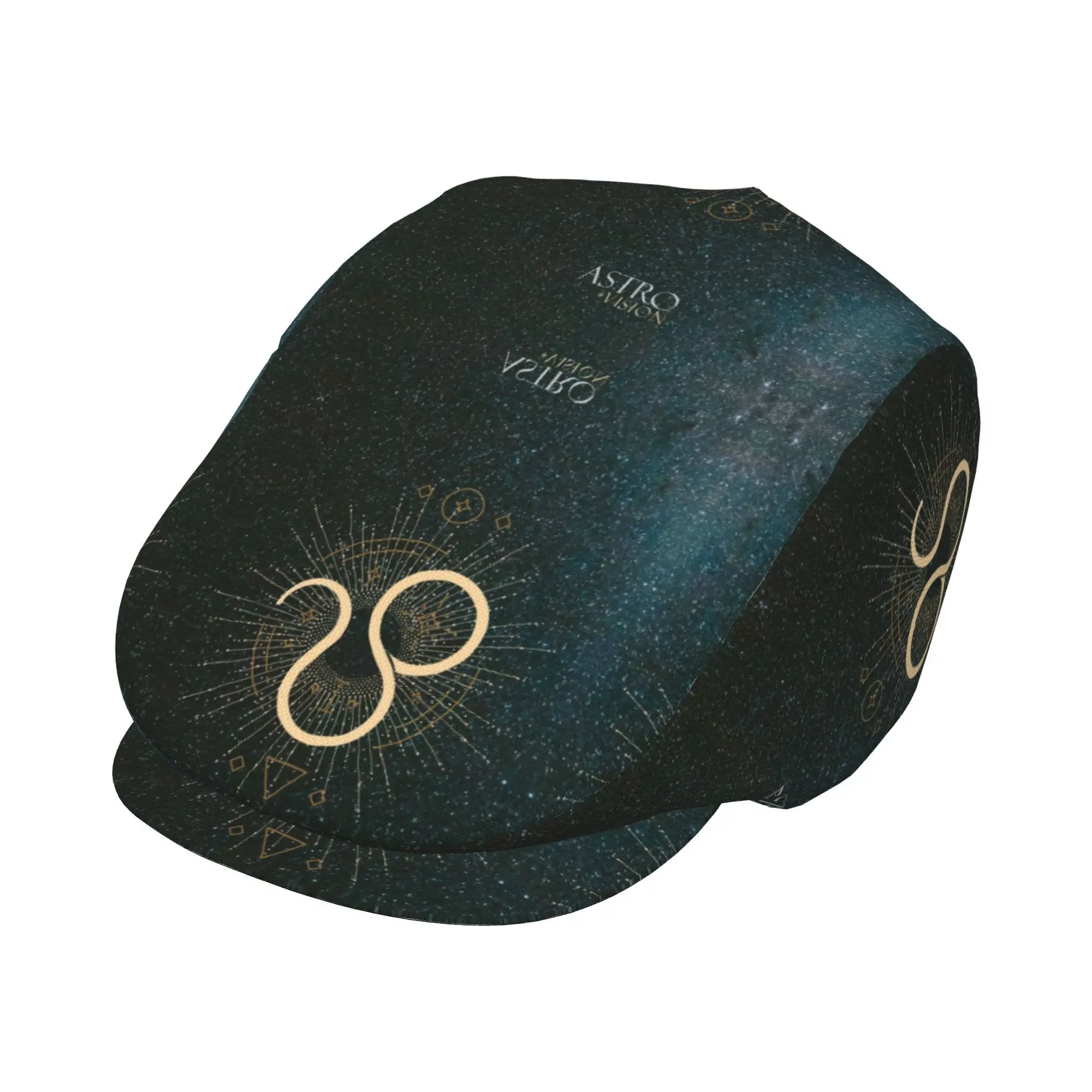 1pc Leo Zodiac Starry Night Golden All-Over Print Flat-Top Hat for Men And Women, Newsboy Cap, Beret, Irish Hat, Driver Cap, Ret