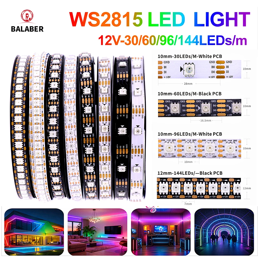 WS2815 RGBIC Addressable LED Strip Lights Dual‑Signal Breakpoint Continuous Transmission DC12V 60LEDs/m Flexible Pixel LED DIY H