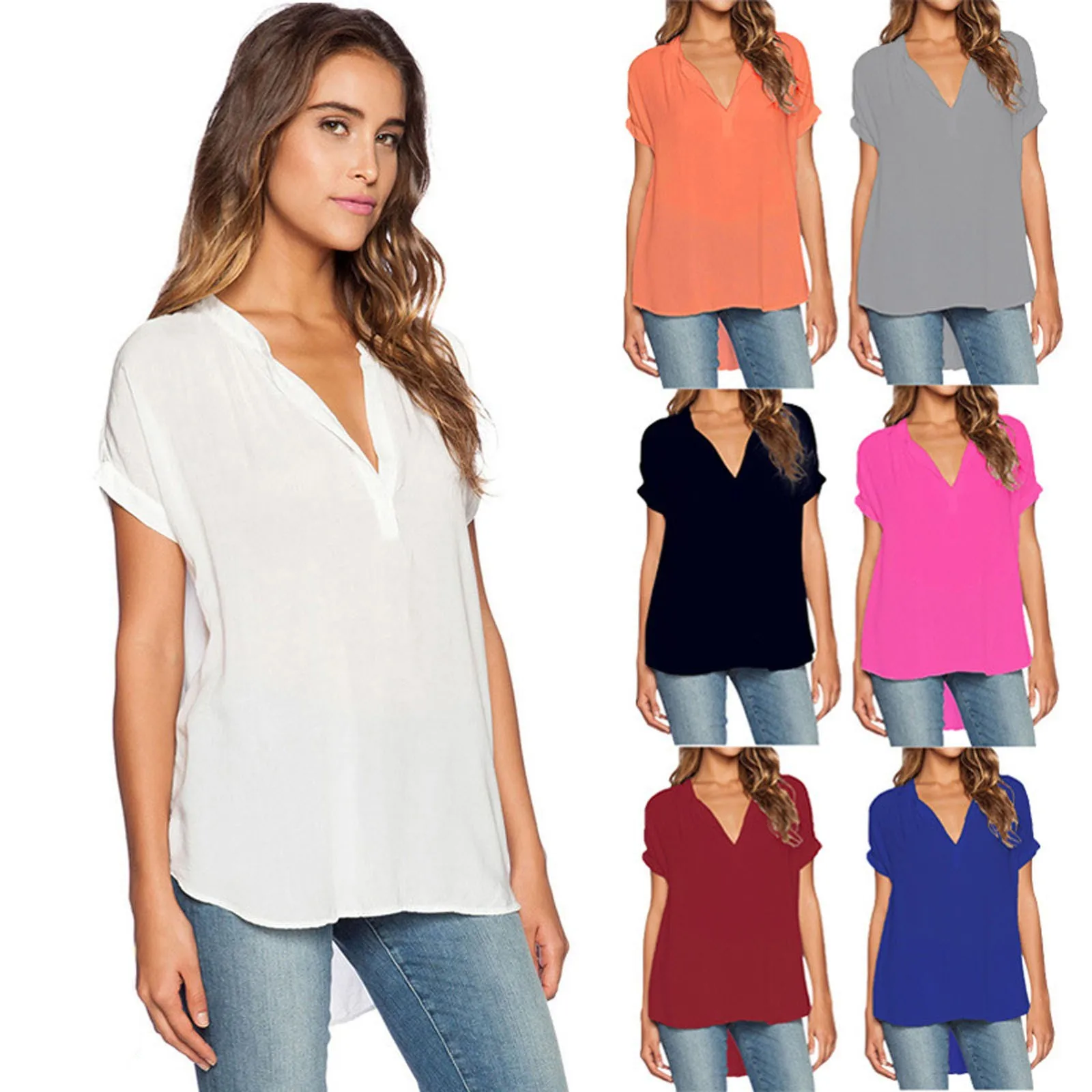 

Women Summer Chiffon Solid Shirt Blouses V Neck Short Sleeve Irregular Hem Plus Size Casual Loose Office Lady Blouse Blusas 2023