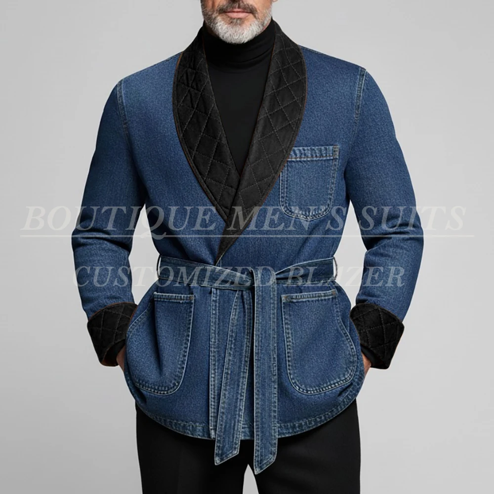 

Elegant Men's Suits Blazer High Quality Shawl Lapel Belt Denim Shoulder Pads Blazer Formal Slim Fit 2 Piece Jacket Pants Sets