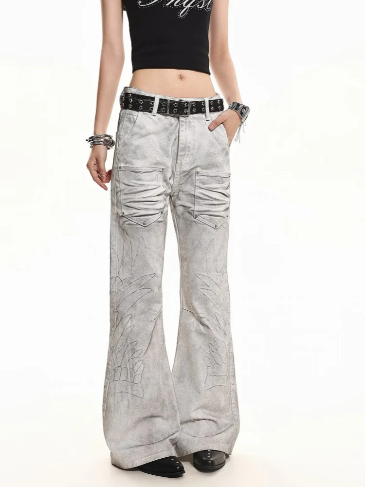 2026 Cyber Y2K Streetwear Wing Embroidery Baggy Women's Flare Jeans Pants For Woman Clothing Dirty Washed Black Long Trousers