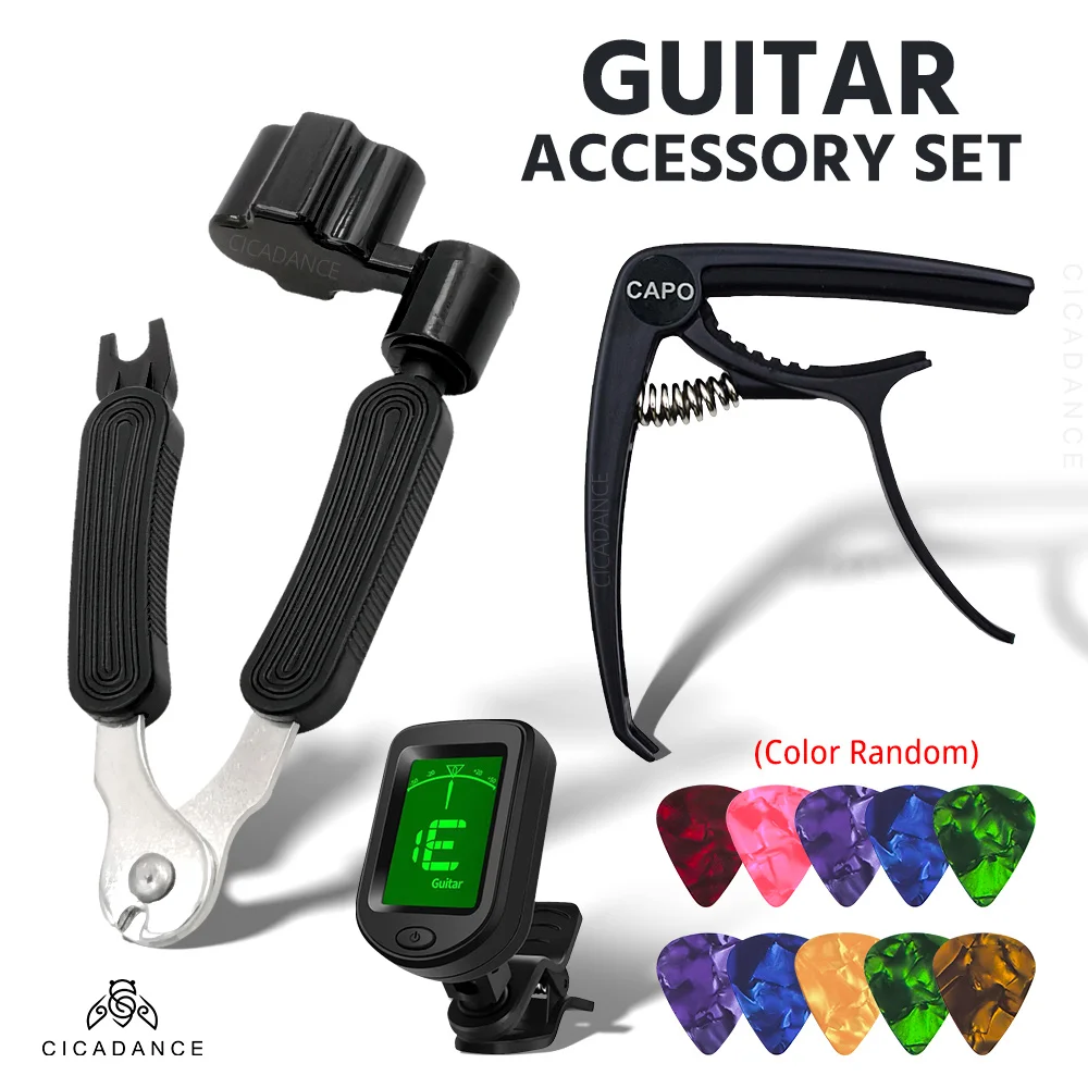 Set Tuner gitar multifungsi, Set klip On Tuner String Winder gitar Capo Picks untuk gitar listrik akustik Ukulele biola hadiah