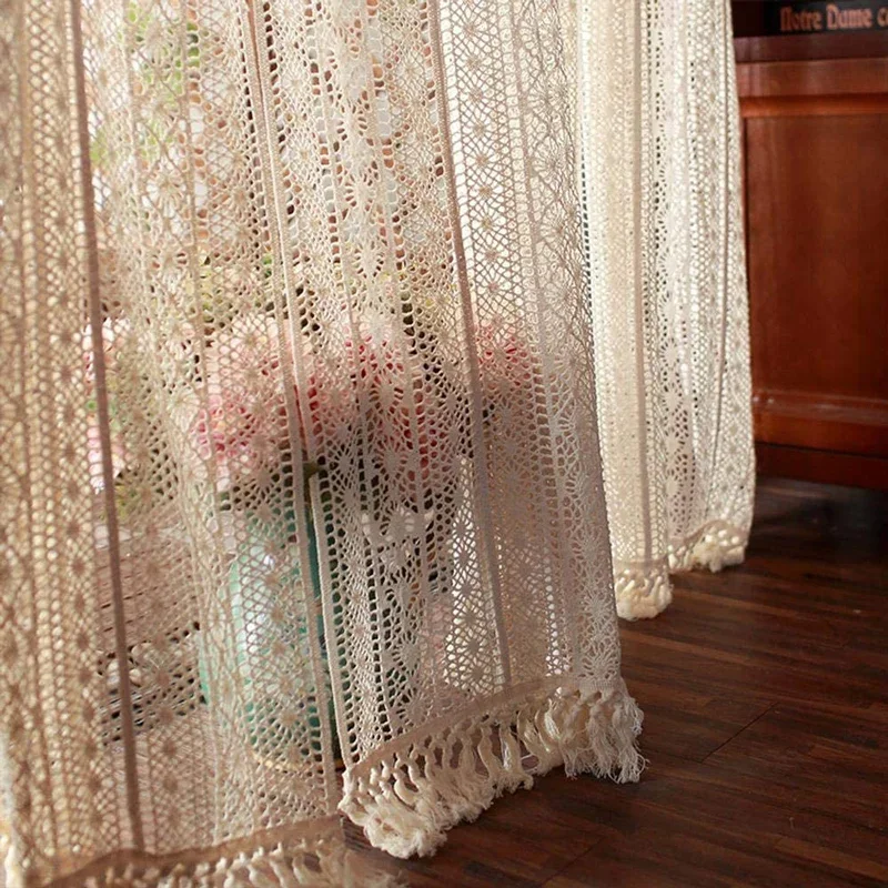 

Farmhouse Crochet Curtain Boho Cotton Knitting Semi Sheer Window Treatment Rod Pocket for Bedroom Living Room Home Decor 1 Piece