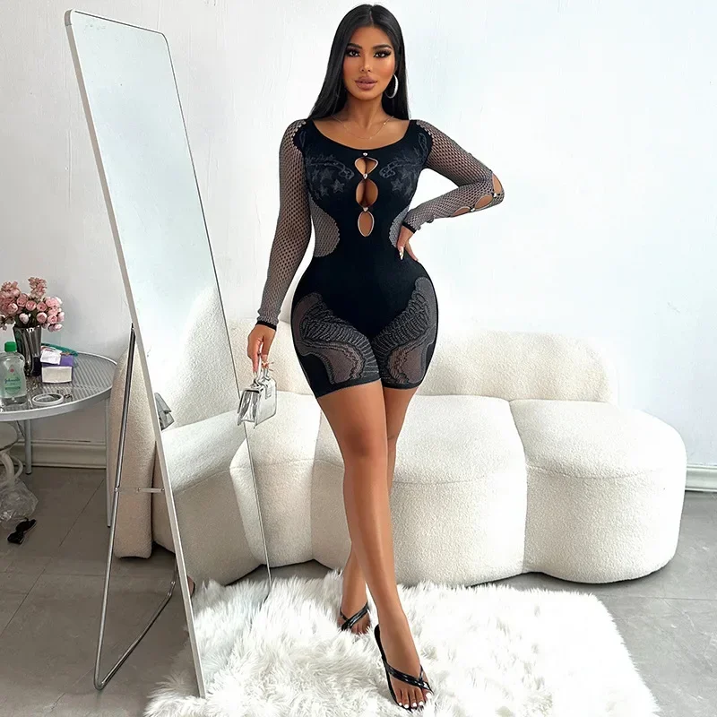 Knitted Hollow Romper for Women 2024 Autumn Solid Color Long Sleeve Off Shoulder Slim Sexy One-piece Jumpsuit Shorts