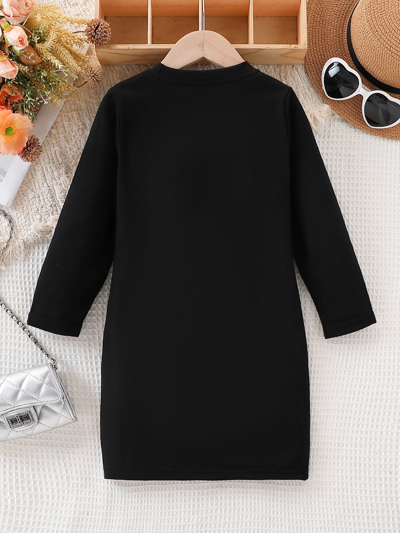 Girls' Slim Fit Long Sleeve Dress Solid Color Knitted Fabric round Neck Letter Print Casual Fashion Single Piece for Autumn
