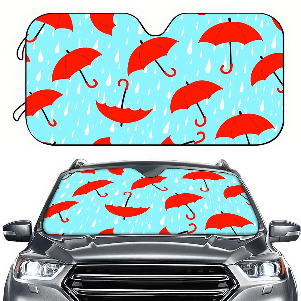 1pc Car Sunshade With Red Umbrella And Blue Raindrop Pattern, High-Definition Printed Shield For Blocking The Sunlight - Suitabl