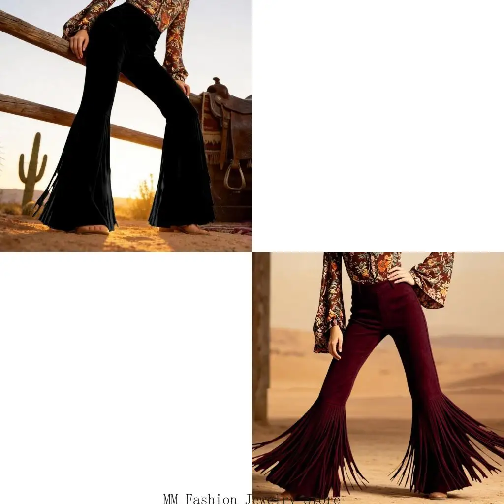 Womens Stretch Faux Suedes Flared Pants With Fringe Trim Western Cowgirl Wide Leg Trousers Festival Party Outfit Bottom Wear