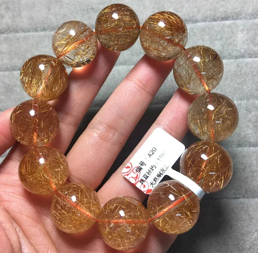 

Natural Copper Rutilated Quartz Bracelet Cat Eye Rutilated 12.6mm Clear Round Beads Women Man Bracelet AAAAA