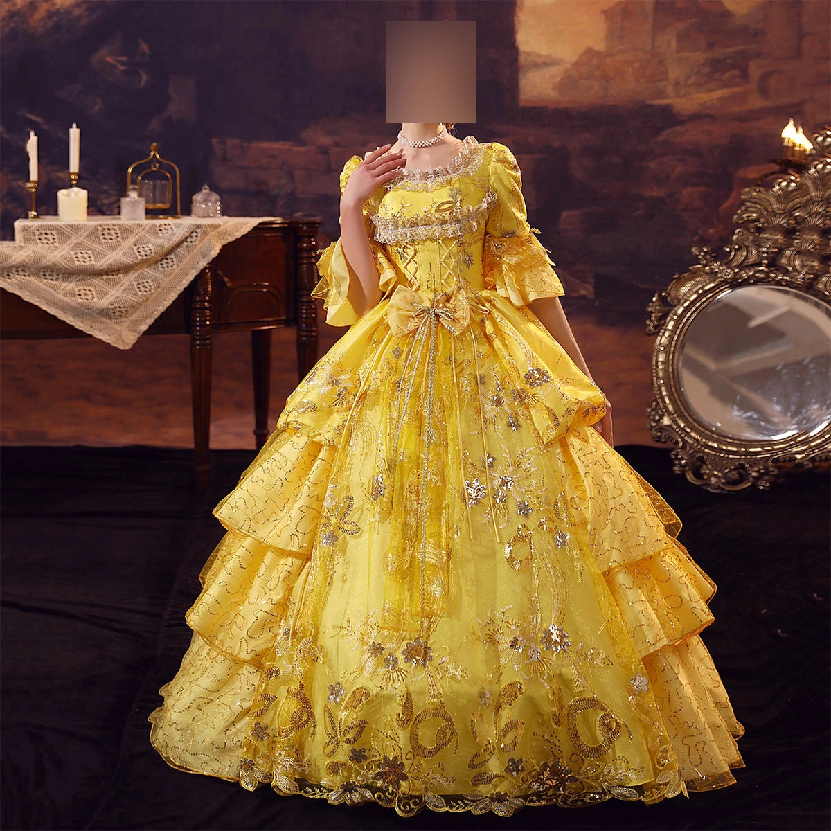 GUXQD splendido giallo floreale giallo donna Vintage 18th Ball Gown abiti High End Masquerade theatre Costume abiti da compleanno