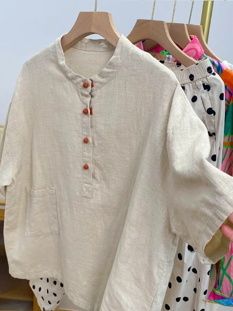 Retro chino Sle algodón Lino ort Sve irt mujer verano Zen Sle botón hasta cuello alto traje de té Top