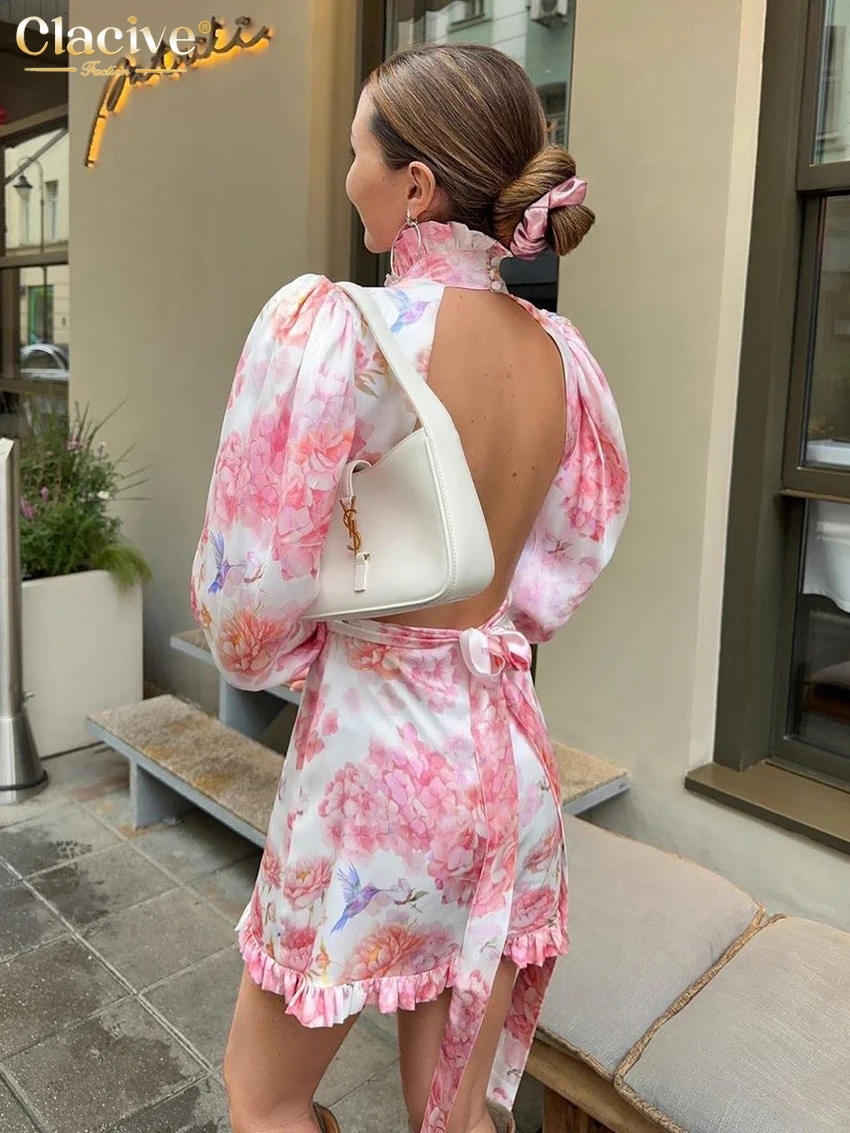Clacive Fashion Loose Print Women\'s Dress 2024 Sexy Stand Collar Long Sleeve Mini Dresses Elegant Lace-Up Backless Female Dress