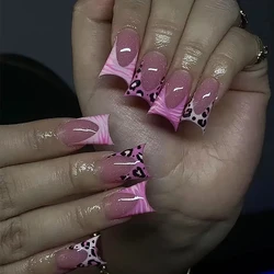 24Pcs Duckbill Shape Press on Nail Pink Leopard Print French Edge Removable Full Cover Acrylic Fake Nails for Women&Girl Wear