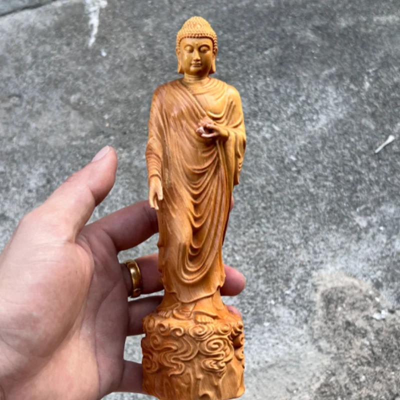 Cliff cypress wood carving Amitabha Buddha standing statue solid wood Zen home Buddhist hall offering auspicious ornament