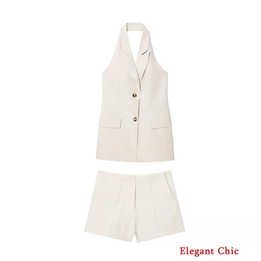 KONDALA-Frauen Elegante Beige Shorts Set Halfter Ärmellose Weste Breite Bein Shorts Neue 2025, Sommer Herbst Mode Casual Mujer set