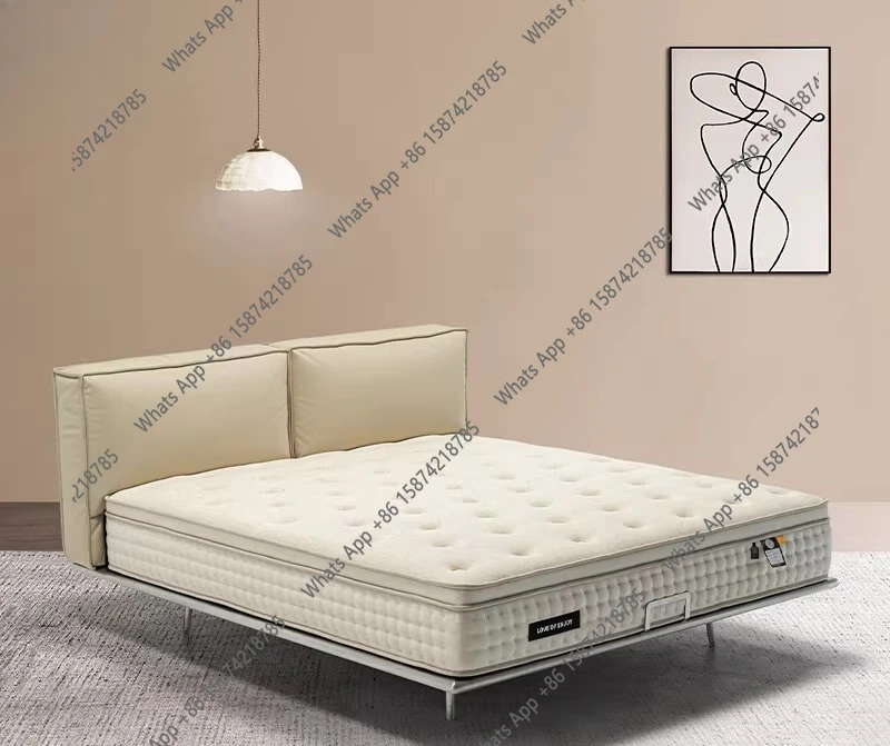 

Итальянская минималистичная кровать из углеродистой стали с подвесной конструкцией, индукционной подсветкой, дизайнерская, премиум-класса, с кожаной обивкой, в стиле «тофу-блок», с ровными краями.