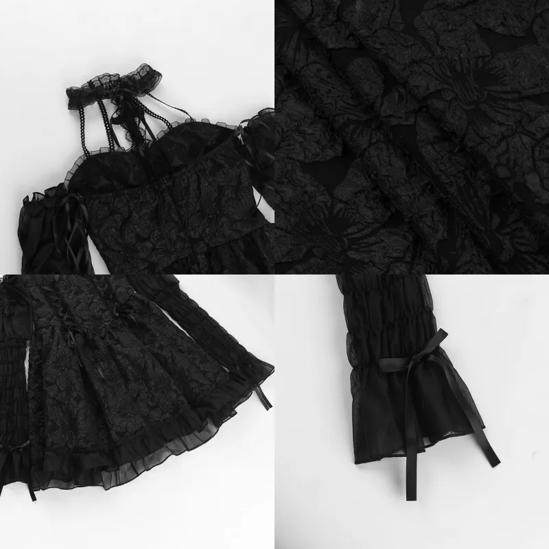 Goth Dark Mall Gothic Emo Jacquard A-line Dresses Elegant Grunge Ruched Bandage Partywear Punk Black Women Halloween Club Dress