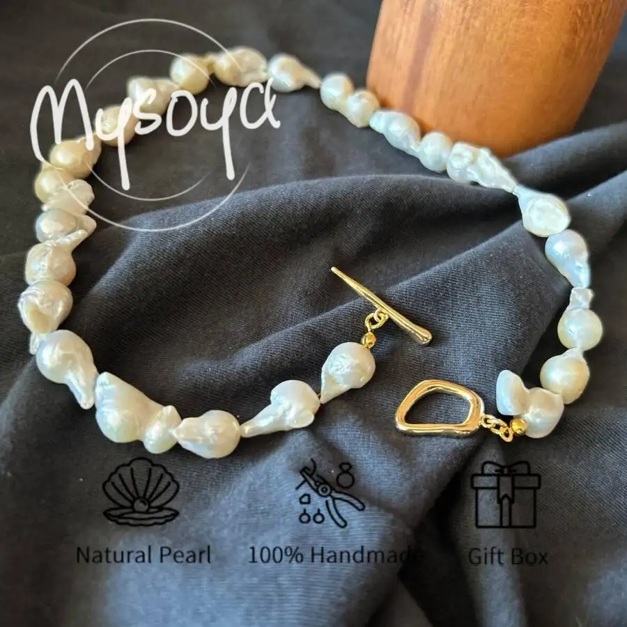 

Mysoya Large White Baroque Pearl Necklace 11-13mm Pearls with Gift Box for Him Her for Birthdays Weddings Valentine's Day