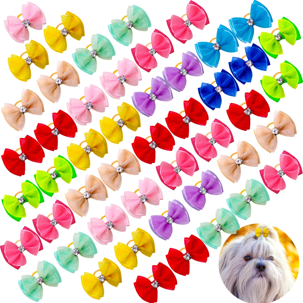 10PCS Pet Hair Decoration Candy Colored Bow Rubber Band With Diamond Cute Cat Dog Hair Accessories Handmade Bulk Pet Products