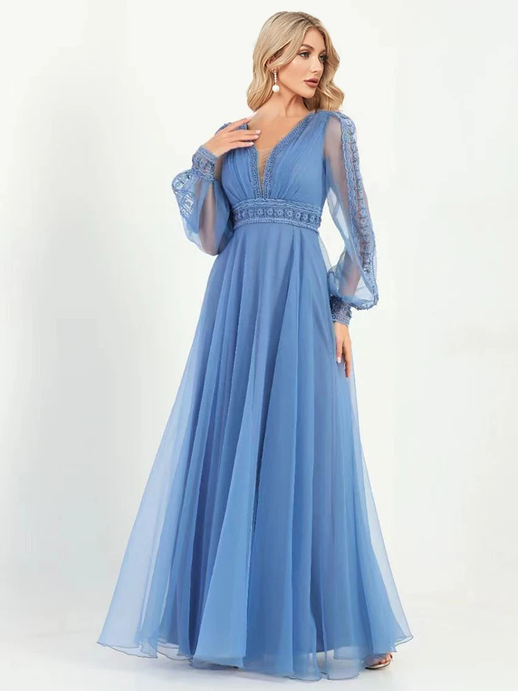 XUIBOL Elegant Tulle Blue Evening Dress Women Chiffon Long Sleeve V-Neck Maxi Floor-Length Gown 2024 Aline Bridesmaid Prom Dress